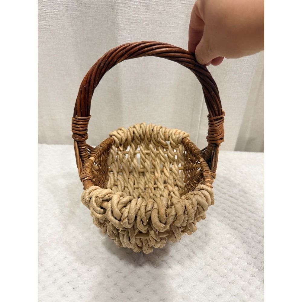 Vintage Handwoven Wicker And Rattan Gathering Basket With Handle